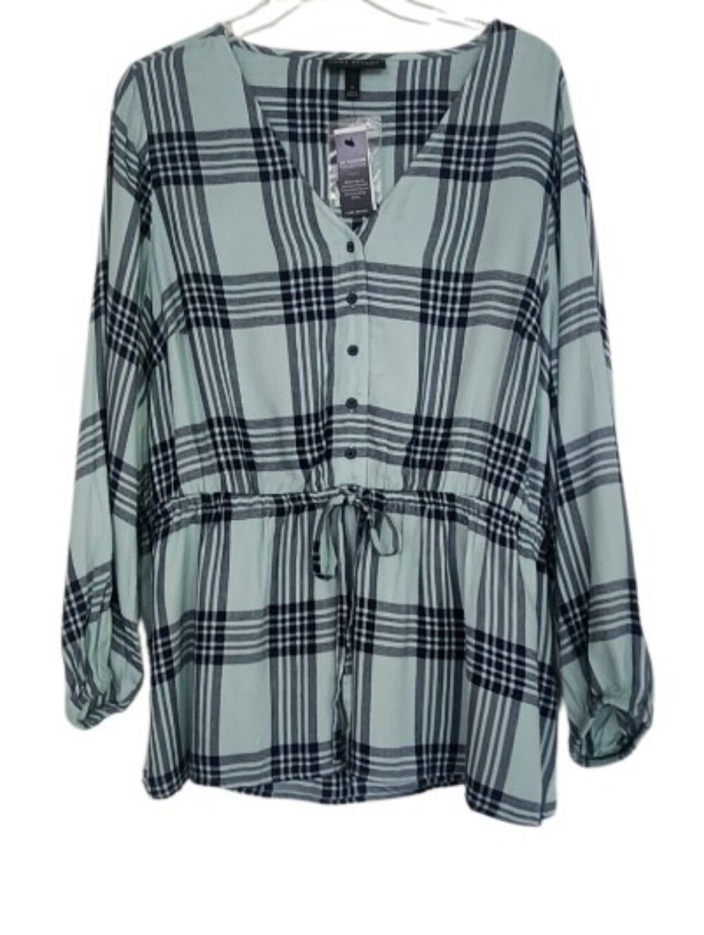Plaid Drawstring  Top - Light Teal /navy Sz 16 Nwt